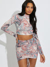 Marble Print Slinky Red and blue Crop Top & Skirt Co-ord