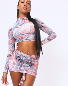  Marble Print Slinky Red and blue Crop Top & Skirt Co-ord